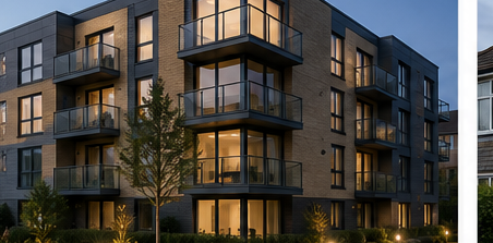 A modern UK apartment block in the evening